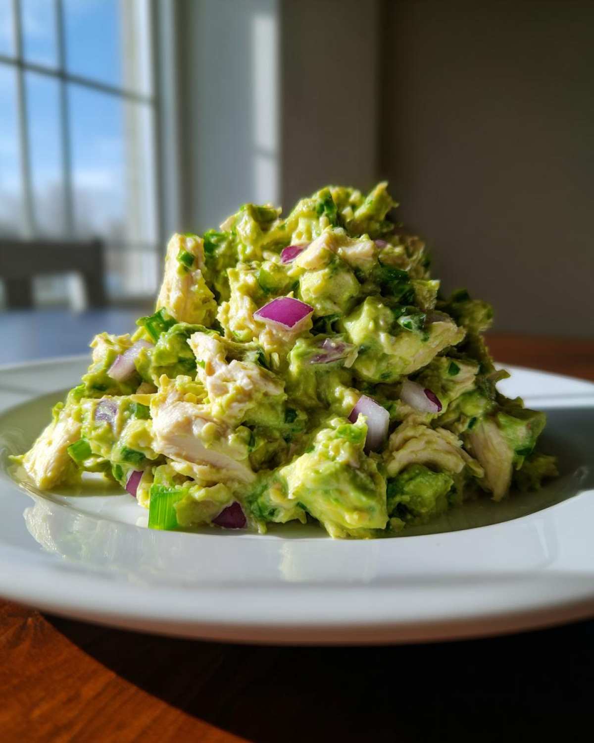 A mound of creamy avocado chicken salad featuring chunks of chicken, red onion, and green onions on a white plate.