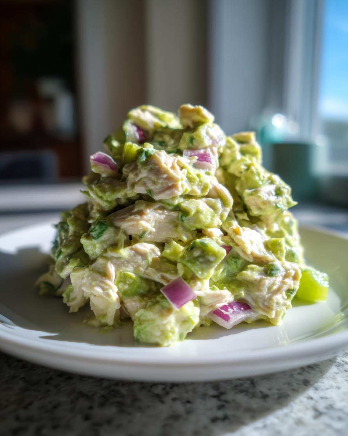 A mound of creamy avocado chicken salad featuring visible chunks of chicken, avocado, and red onion, served on a white plate.
