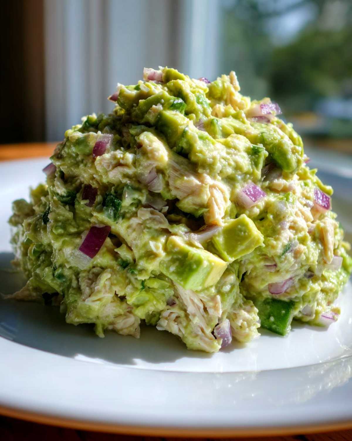 A close-up mound of creamy avocado chicken salad mixed with chunks of avocado and red onion on a white plate.