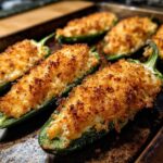 Close-up of freshly baked jalapeño poppers with crispy, golden-brown topping resting on a dark baking sheet.