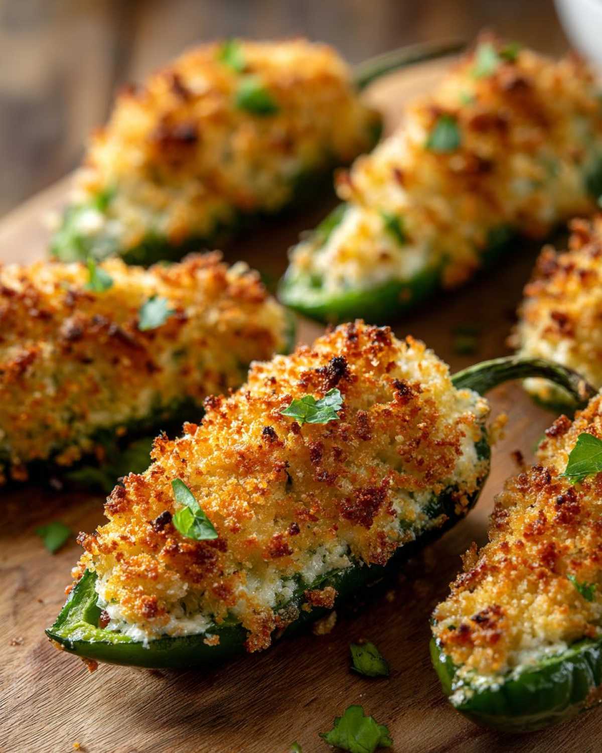Close-up of several baked jalapeño poppers stuffed with cheese and topped with golden, crispy breadcrumbs.