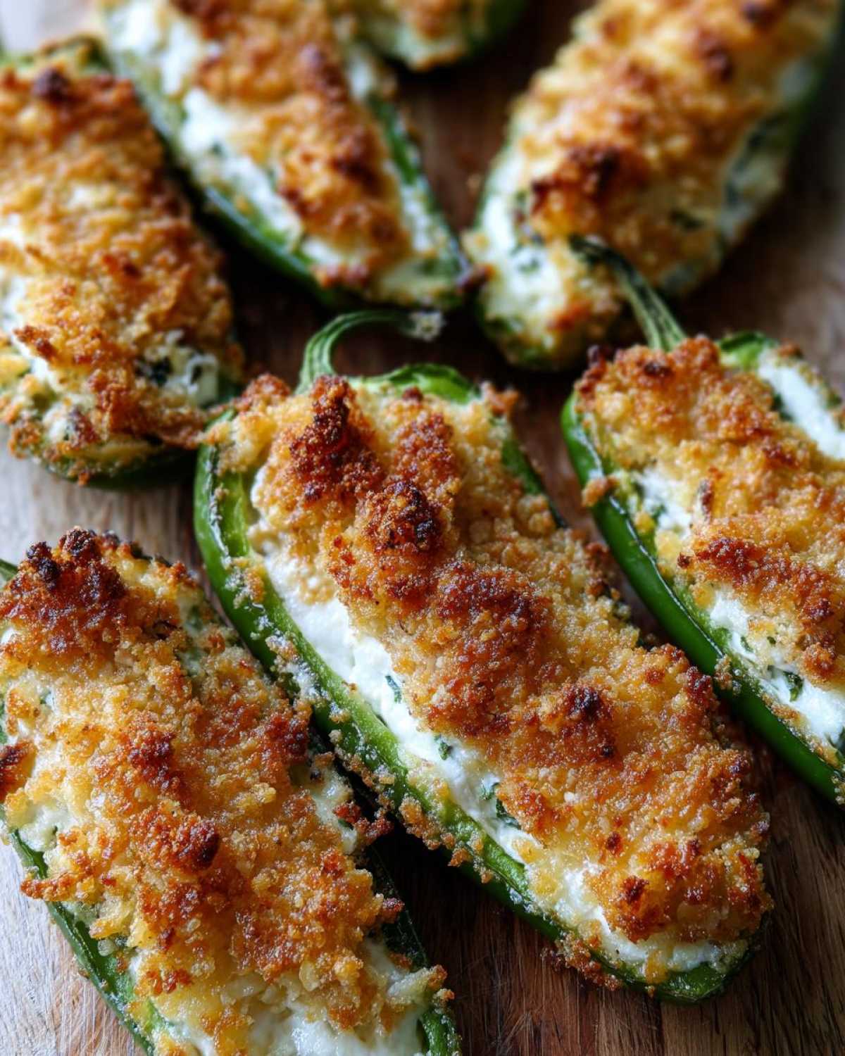Close-up of several baked jalapeño poppers stuffed with cream cheese and topped with golden, crispy breadcrumbs.
