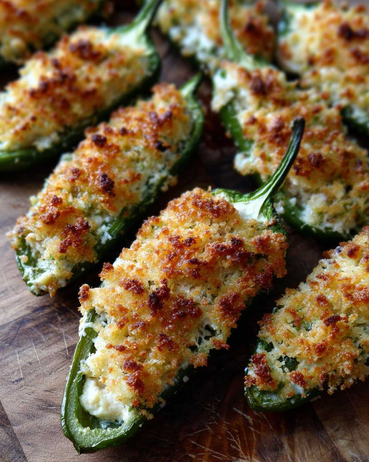 Close-up of baked Jalapeño poppers stuffed with cream cheese and topped with a golden, crispy breadcrumb crust.