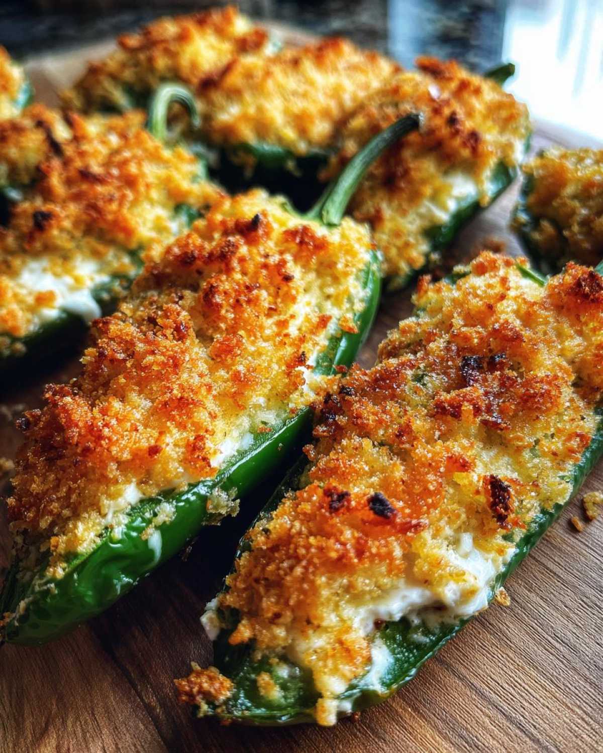 Close-up of baked jalapeño poppers stuffed with cream cheese and topped with golden, crispy breadcrumbs.