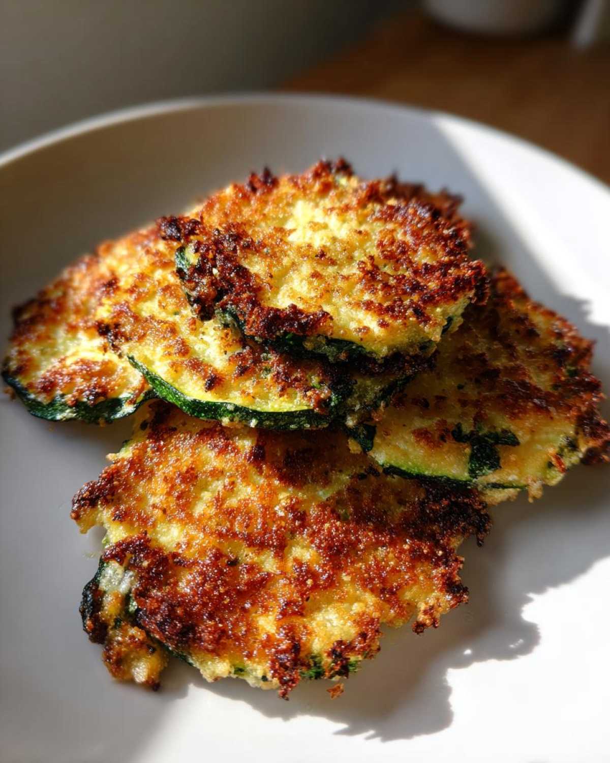 Close-up of golden brown, crispy baked parmesan zucchini slices stacked on a white plate.