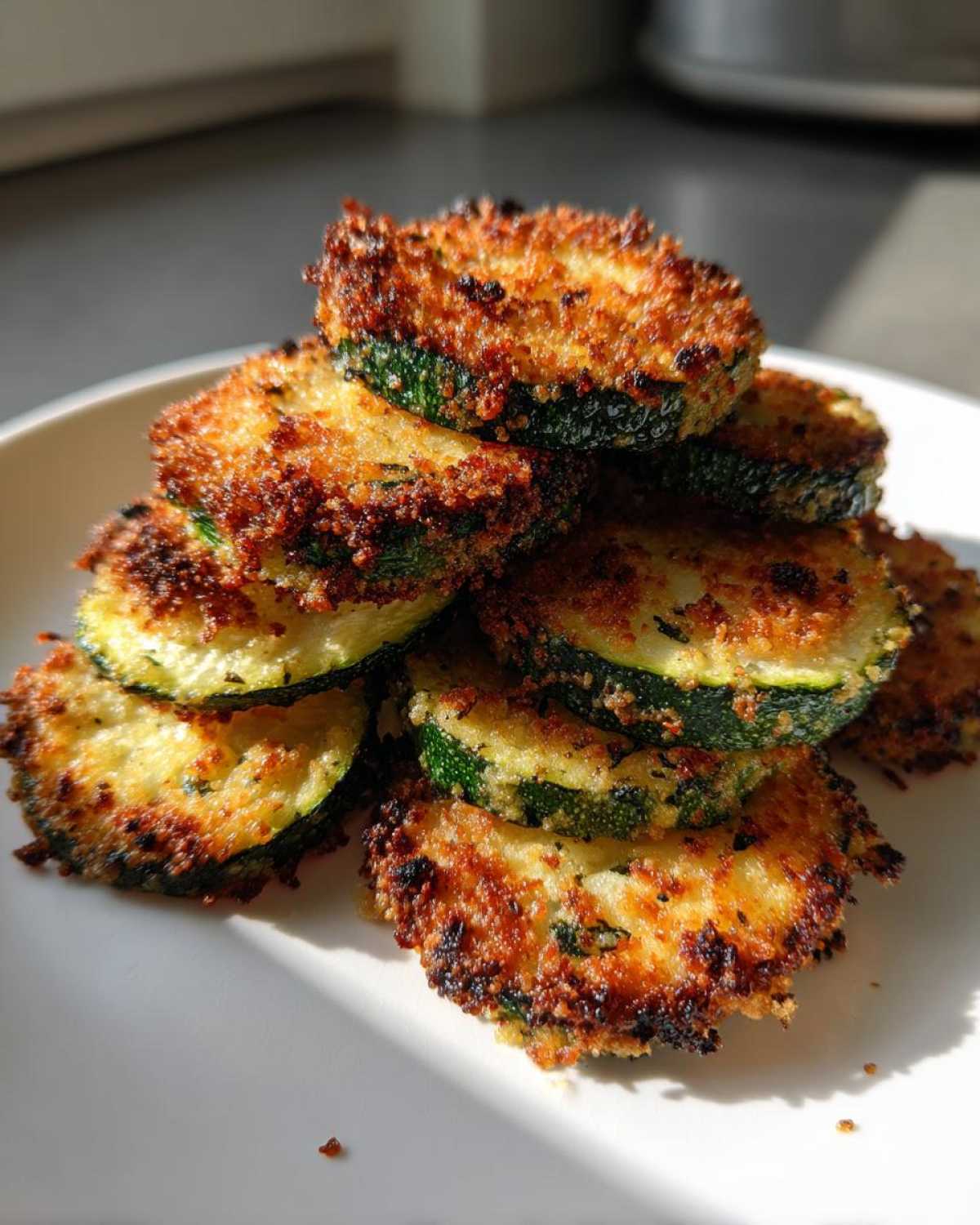 A stack of golden brown, crispy baked parmesan zucchini slices piled on a white plate.
