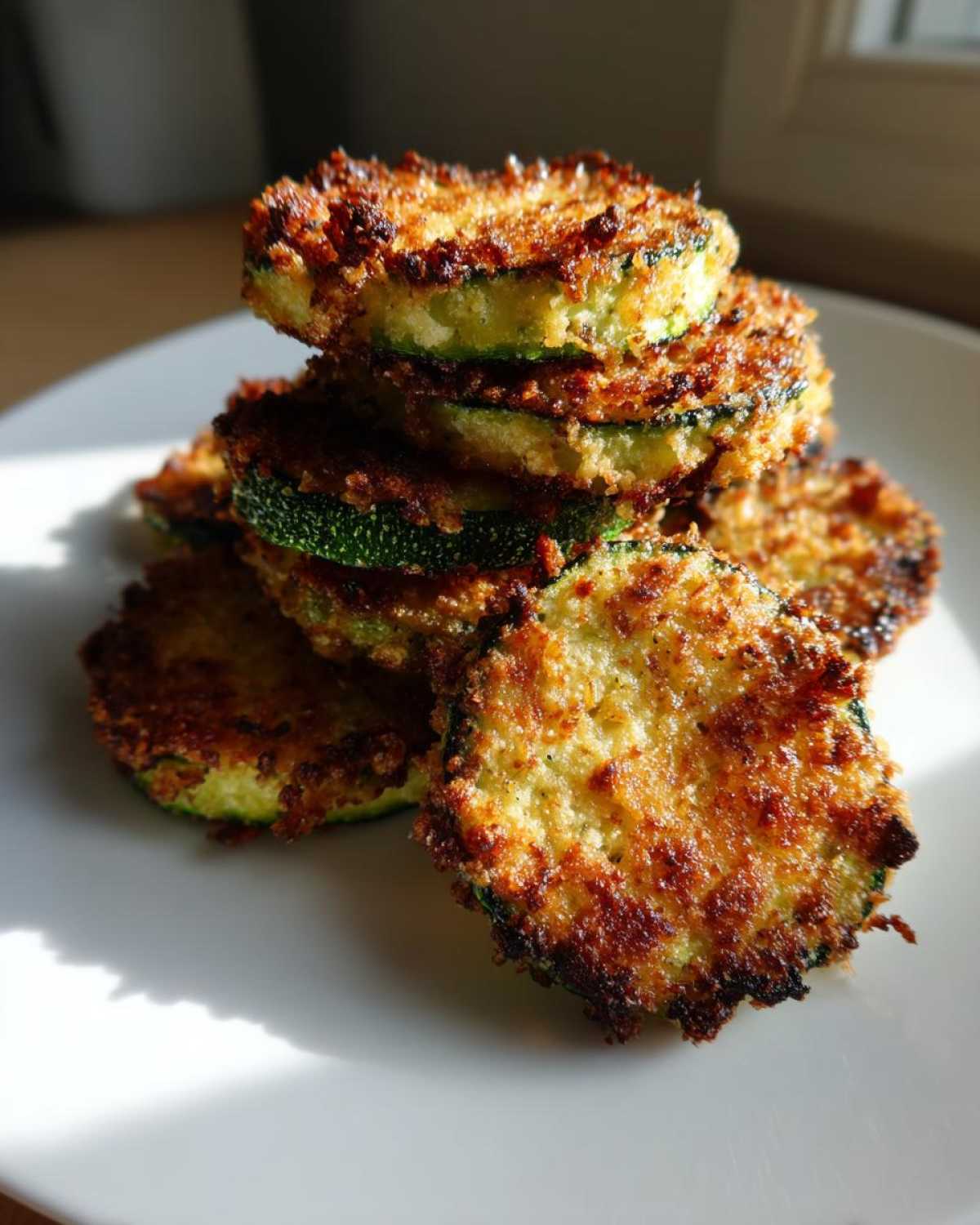 A stack of golden brown, crispy baked parmesan zucchini slices resting on a white plate.