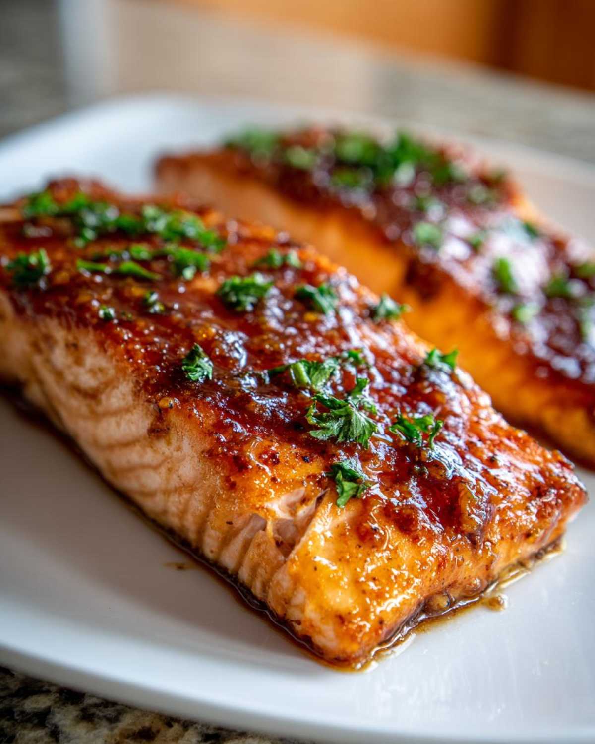 Close-up of two baked salmon fillets topped with a rich, dark glaze and fresh parsley.