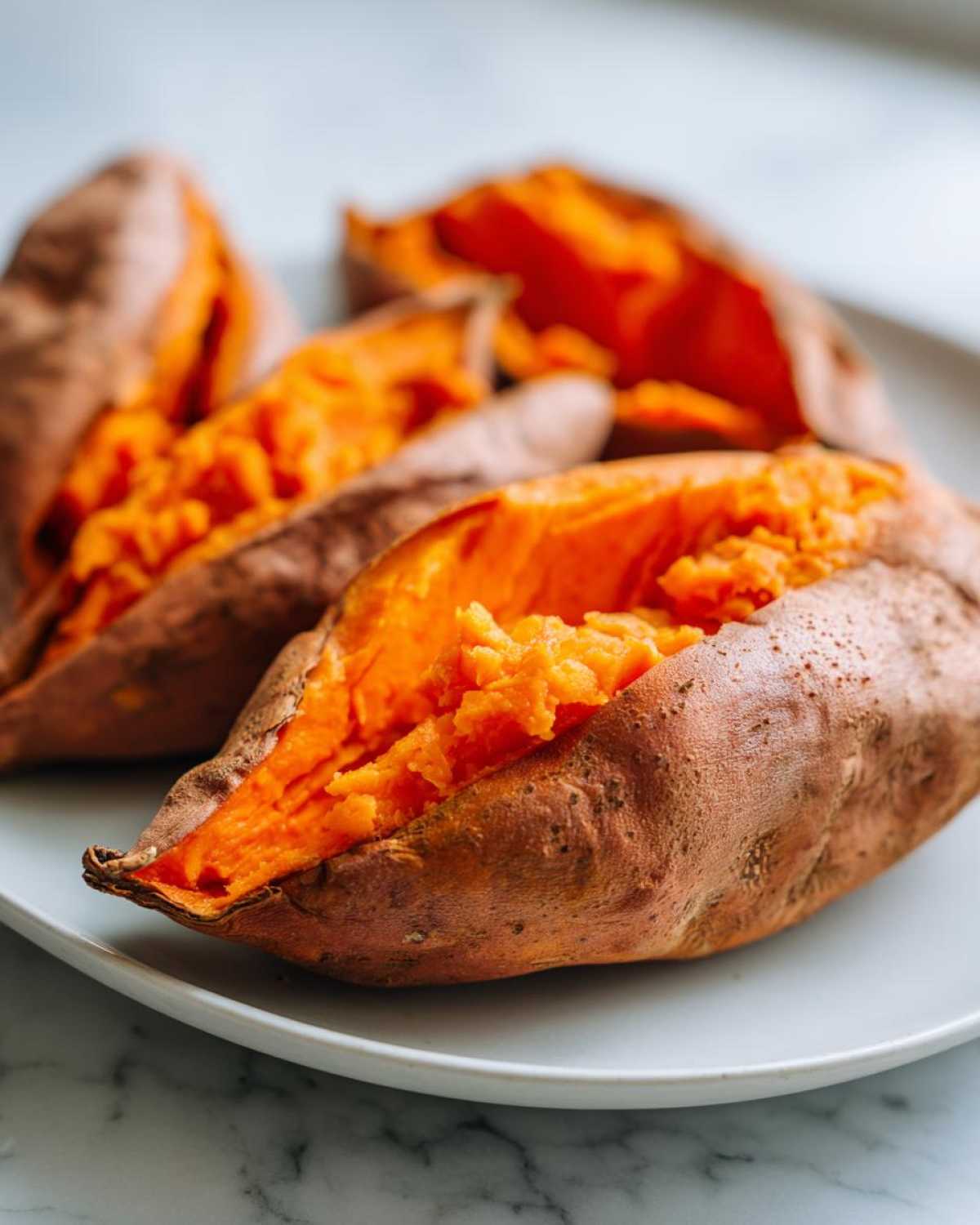 Close-up of a baked sweet potato split open, revealing its bright orange, fluffy interior.