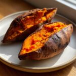 Two perfectly cooked baked sweet potatoes, split open to show the bright orange, fluffy interior.