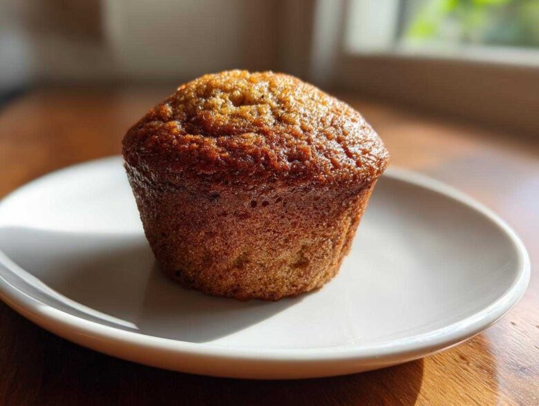 A single, perfectly baked banana protein muffin with a golden-brown, slightly glossy top, resting on a small white plate.