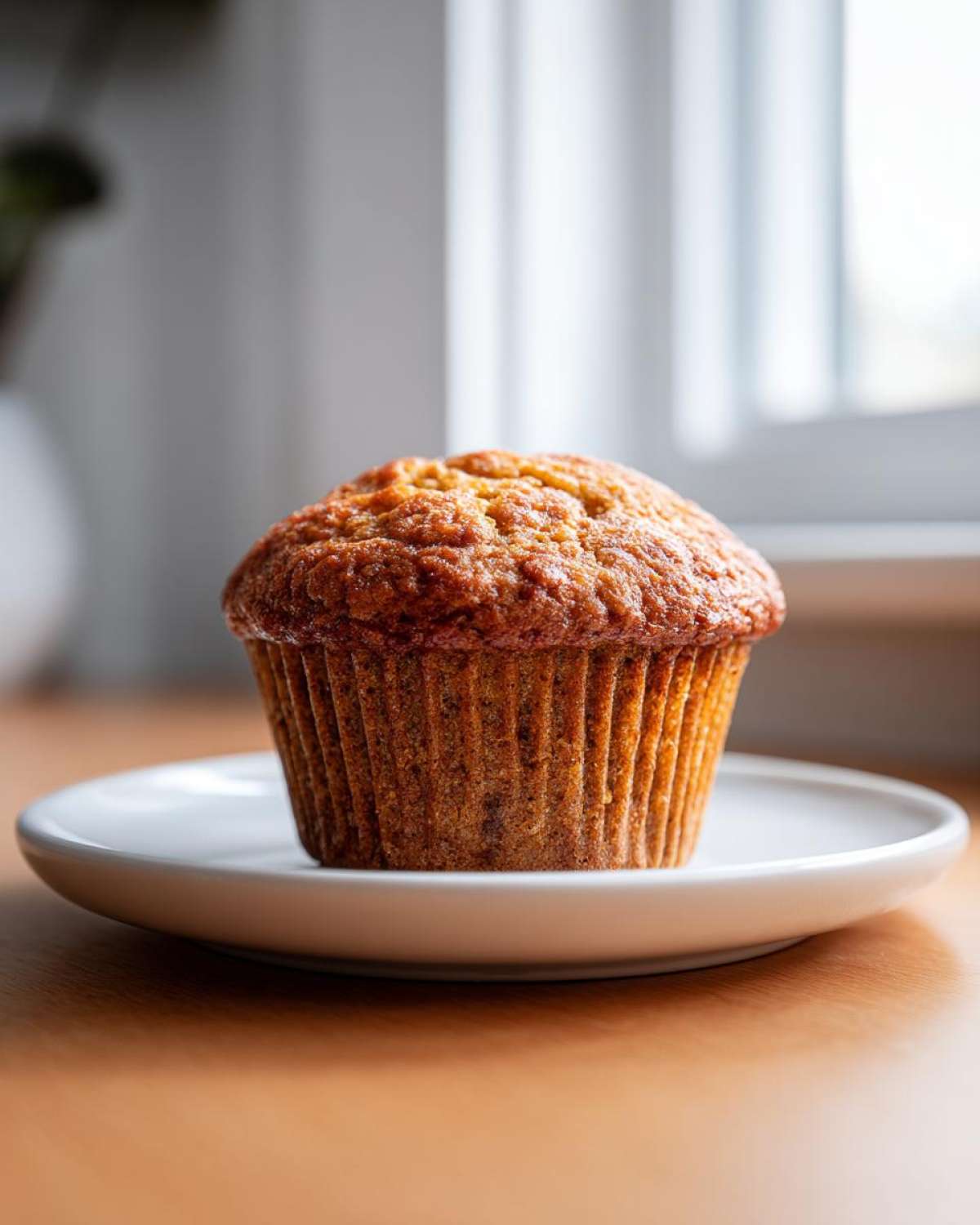 A single, golden-brown banana protein muffin sitting on a small white plate, brightly lit by a window.