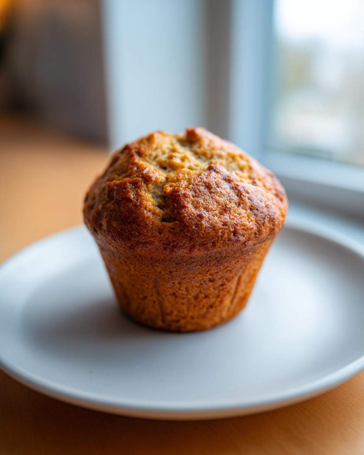 A single, perfectly baked banana protein muffin with a golden brown, domed top sitting on a light gray plate near a window.