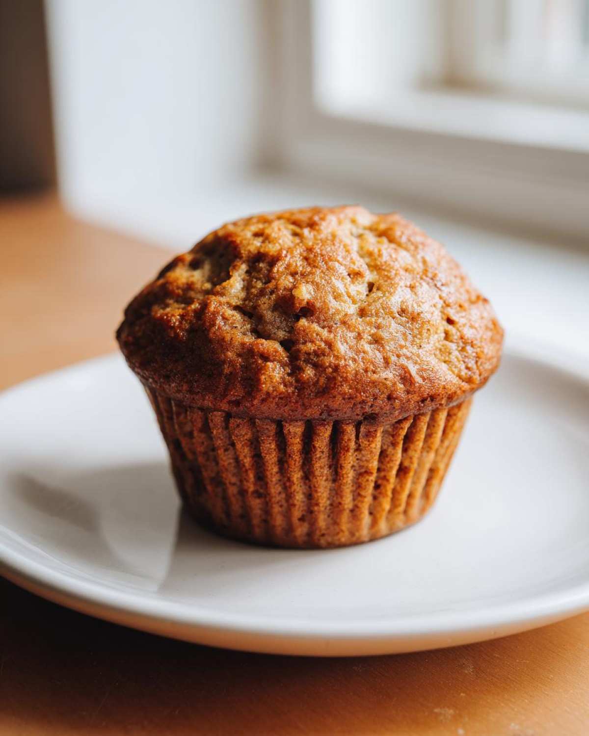 A single, perfectly baked banana protein muffin with a domed, golden-brown top sitting on a small white plate.