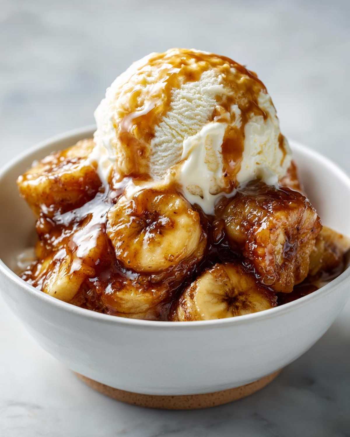 Close-up of warm, caramelized bananas in sauce topped with vanilla ice cream for Bananas Foster.