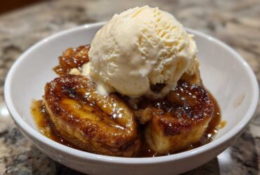 Close-up of warm Bananas Foster caramelized bananas topped with a scoop of vanilla ice cream.