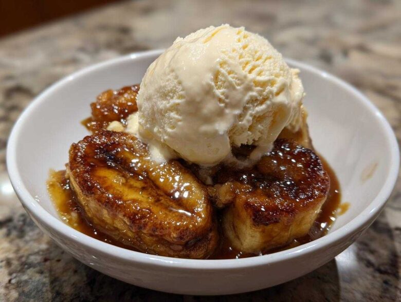 Close-up of warm Bananas Foster caramelized bananas topped with a scoop of vanilla ice cream.