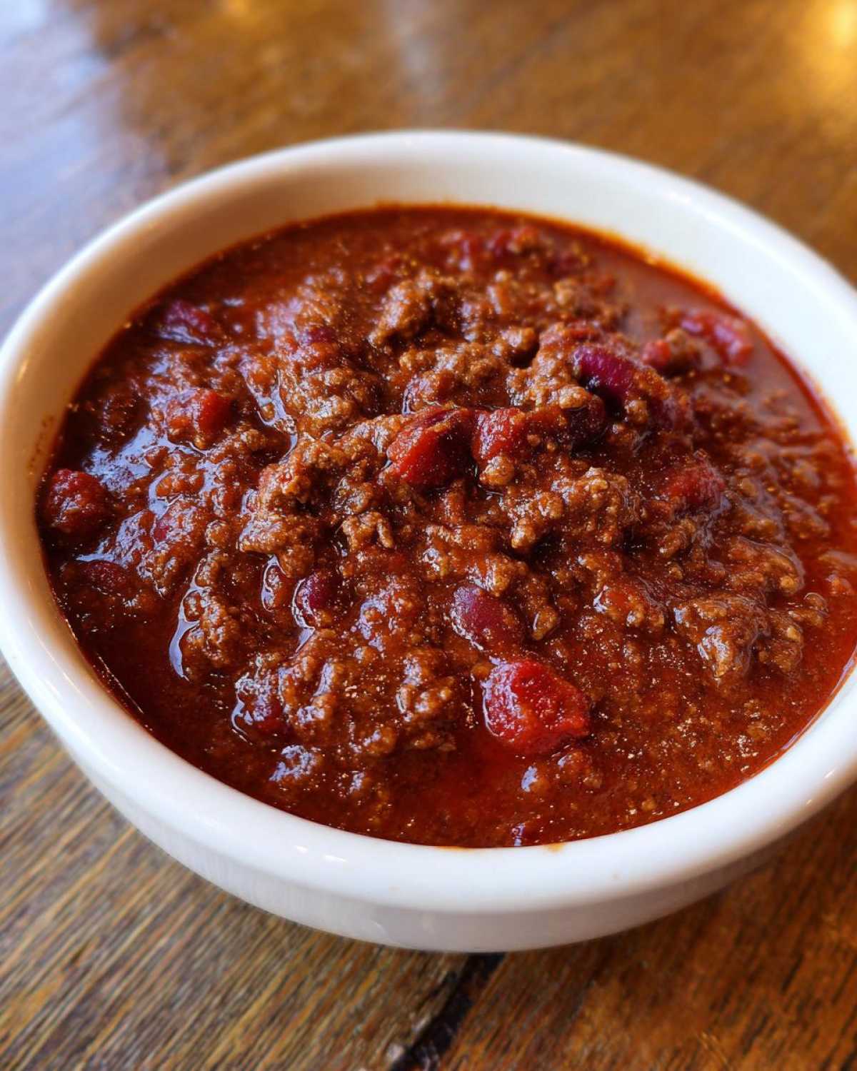 Close-up of a hearty bowl of rich, dark red chili with ground meat and beans, part of the best chili recipe.