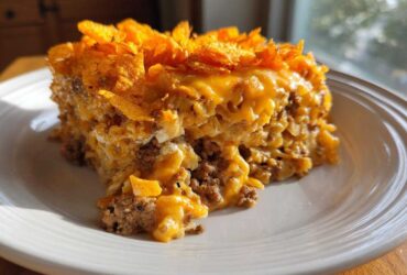 A hearty slice of Dorito Casserole featuring ground meat, cheesy sauce, and a crunchy Dorito chip topping.