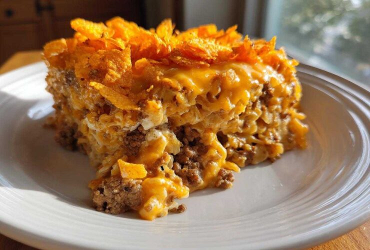 A hearty slice of Dorito Casserole featuring ground meat, cheesy sauce, and a crunchy Dorito chip topping.