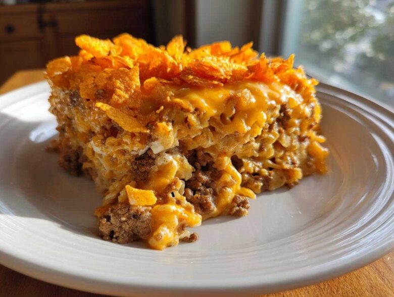 A hearty slice of Dorito Casserole featuring ground meat, cheesy sauce, and a crunchy Dorito chip topping.