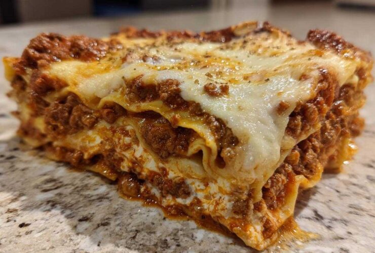 Close-up of a thick, layered slice of homemade lasagna showing rich meat sauce and melted cheese.