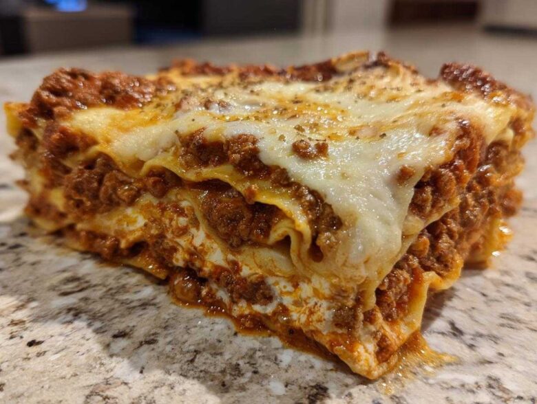 Close-up of a thick, layered slice of homemade lasagna showing rich meat sauce and melted cheese.