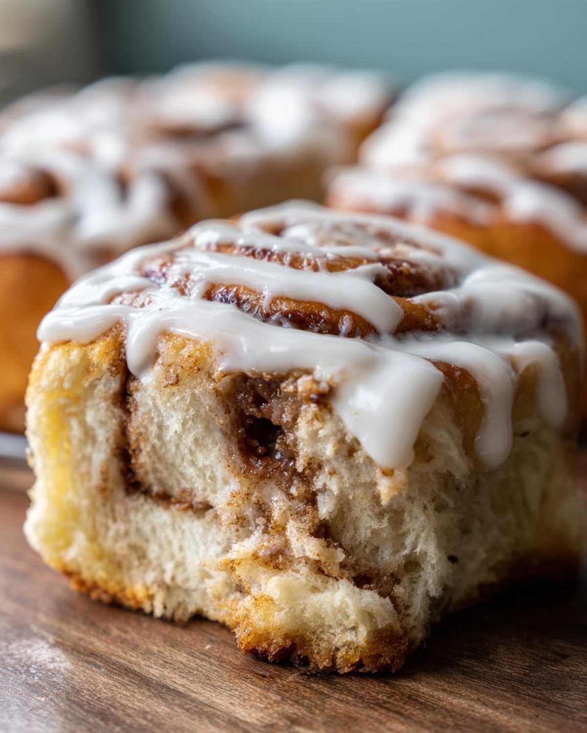 Close-up of a soft, fluffy cinnamon roll with a bite taken out, showing the swirl of cinnamon filling and thick white icing.
