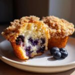 Close-up of a blueberry muffin cut in half showing moist interior, fresh blueberries, and a sugary crumb topping.