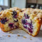 A blueberry muffin cut in half showing the moist interior packed with blueberries and topped with a generous crumb topping.