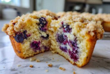 A blueberry muffin cut in half showing the moist interior packed with blueberries and topped with a generous crumb topping.
