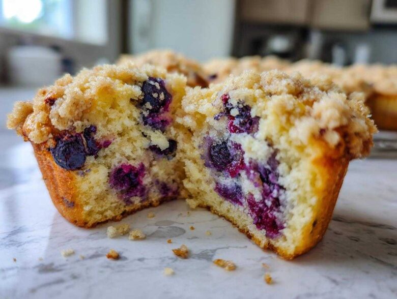 A blueberry muffin cut in half showing the moist interior packed with blueberries and topped with a generous crumb topping.