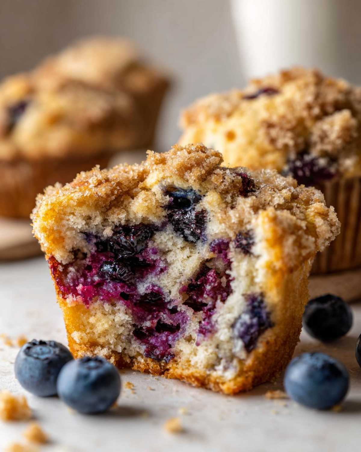 Close-up of a halved blueberry muffin showing moist crumb and bursting blueberries, topped with streusel.