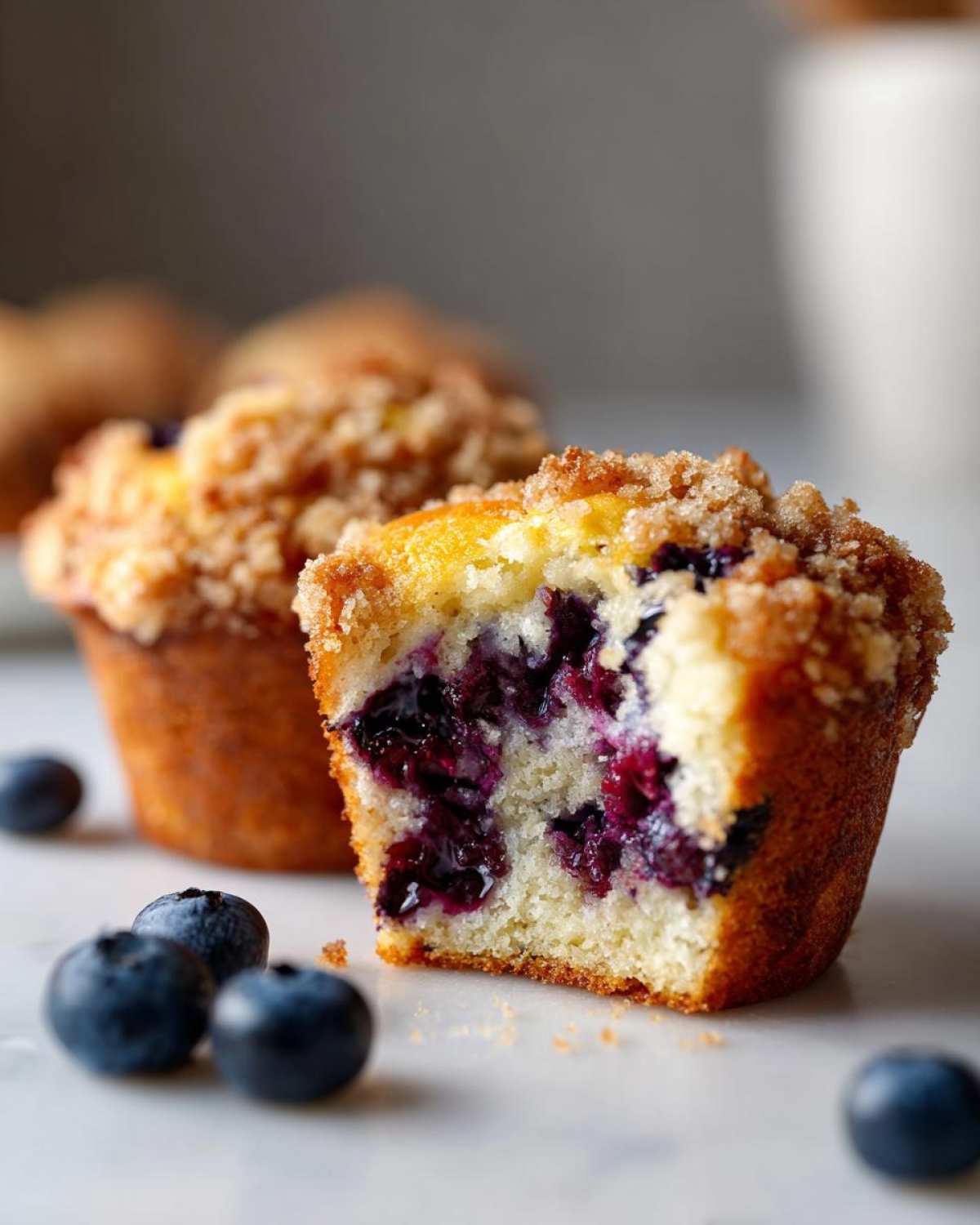 Close-up of a blueberry muffin cut in half showing moist interior packed with juicy blueberries and a crumb topping.