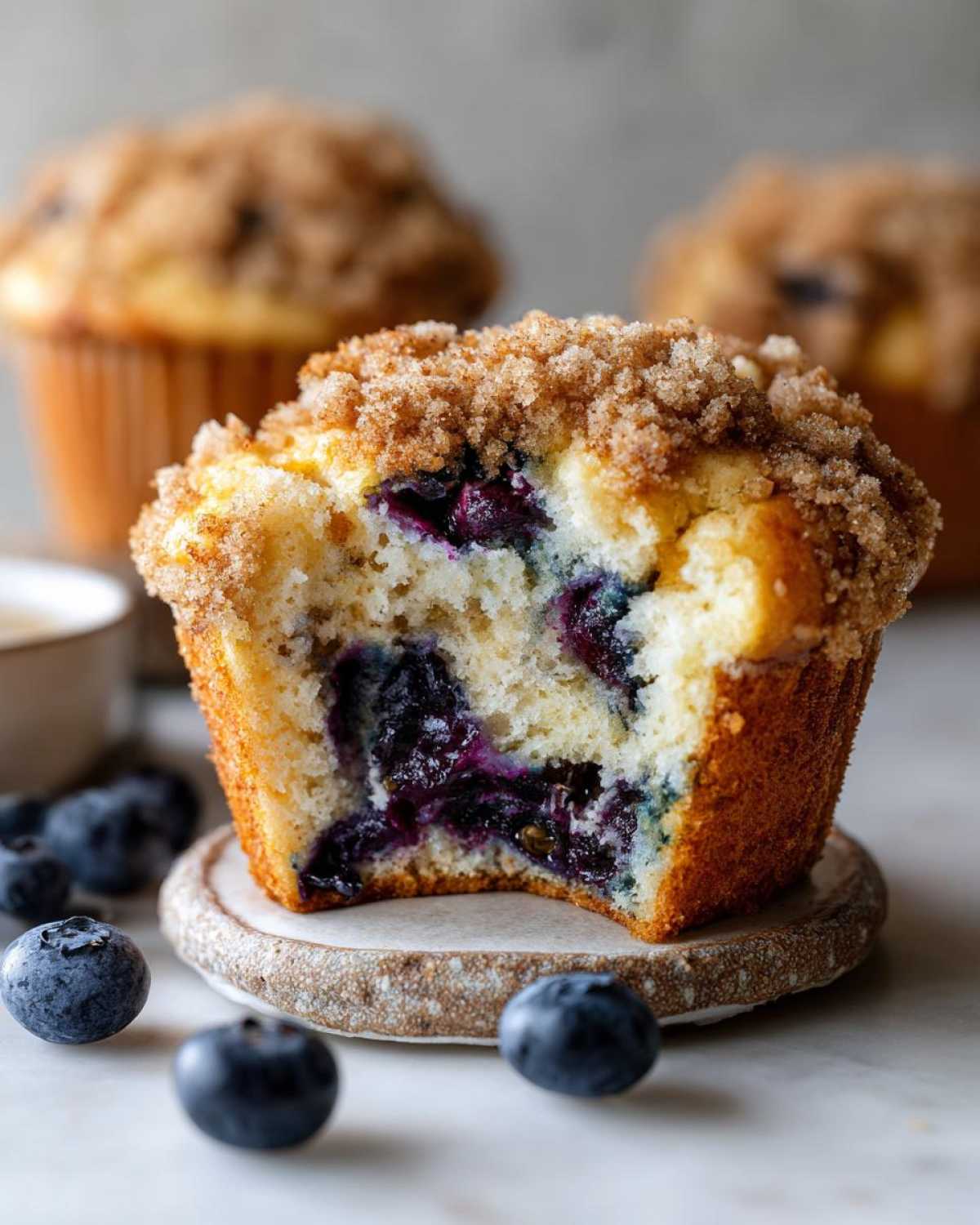 Close-up of a blueberry muffin cut in half showing moist crumb and bursting blueberries, topped with streusel.