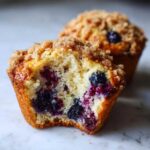 A close-up of a blueberry muffin cut in half showing the moist interior and burst blueberries, topped with streusel. Perfect for amazing 310 calorie blueberry muffins.