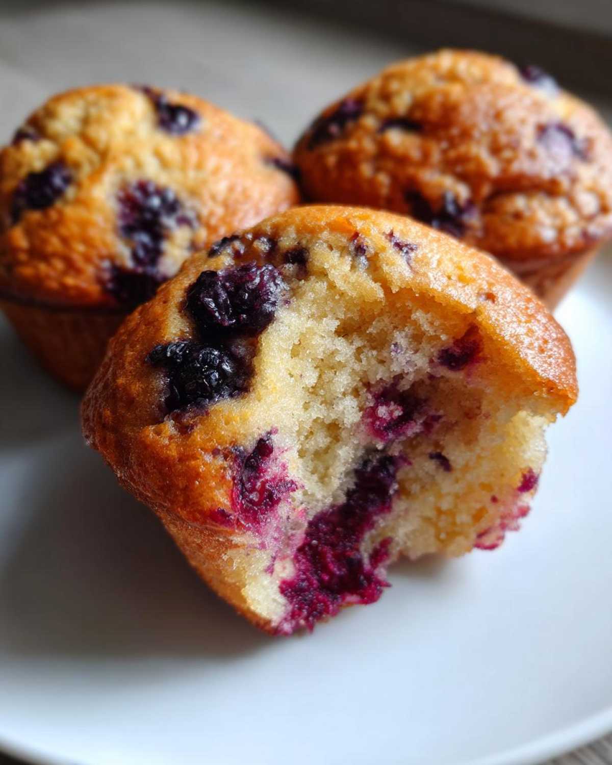 Close-up of a soft blueberry protein muffin with a bite taken out, revealing the moist interior and fruit.