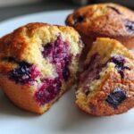 Close-up of a blueberry protein muffin broken in half, showing the moist, berry-filled interior.