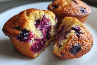 Close-up of a blueberry protein muffin broken in half, showing the moist, berry-filled interior.