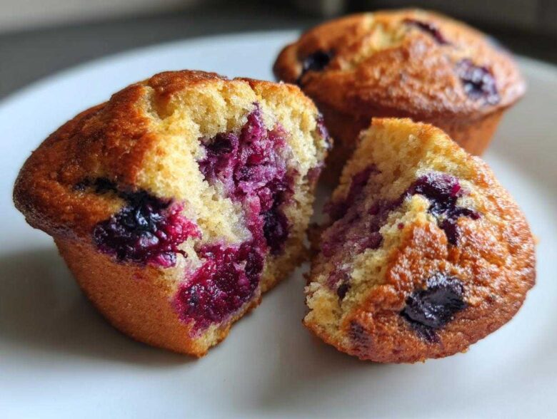 Close-up of a blueberry protein muffin broken in half, showing the moist, berry-filled interior.