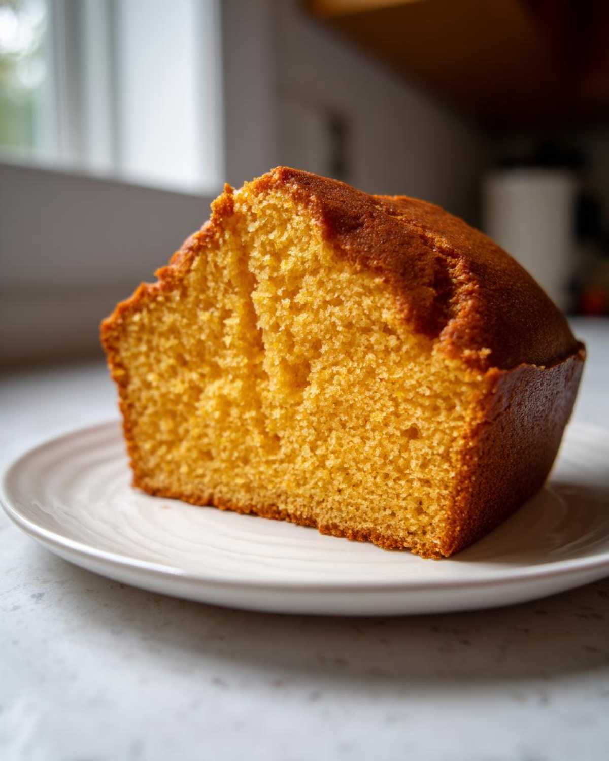 Close-up of a thick, golden slice of buttermilk cornbread showing its moist, crumbly texture on a white plate.