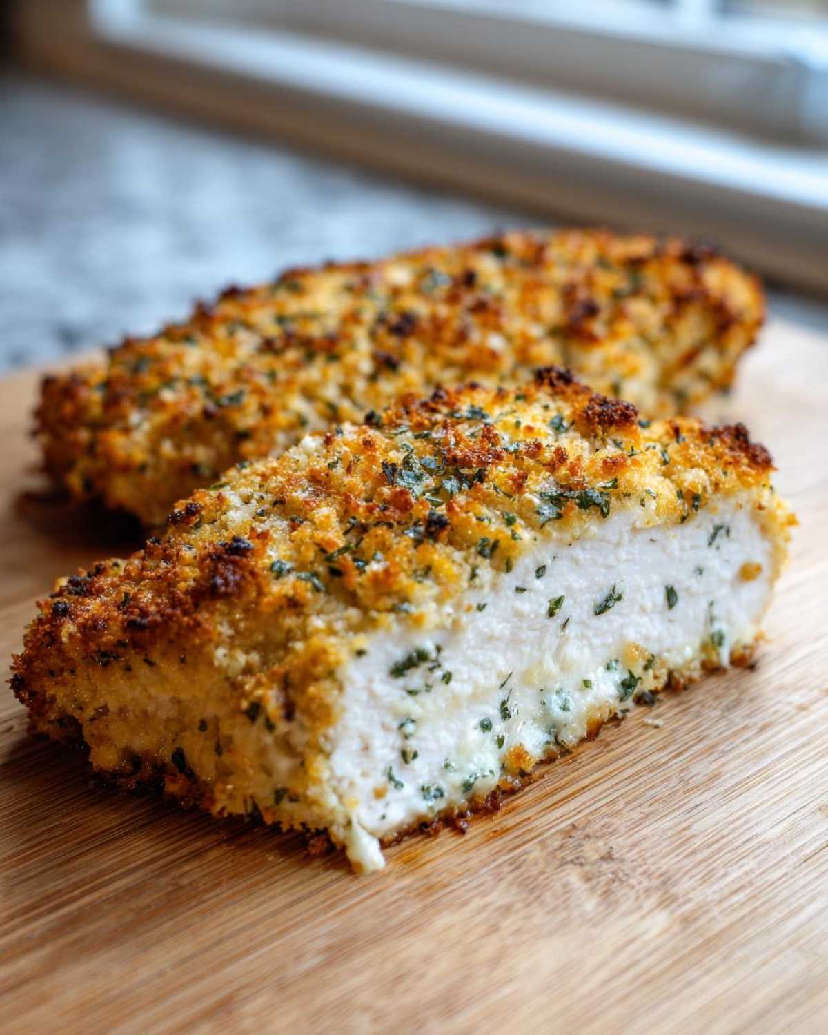 Cross-section of a baked caesar chicken breast showing the juicy white meat and crispy, herbed breadcrumb coating.