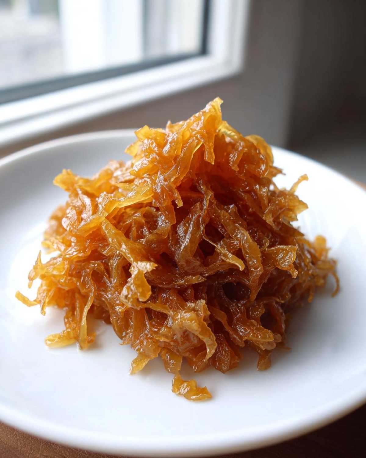 A mound of golden brown, glossy caramelized onions piled high on a white plate.