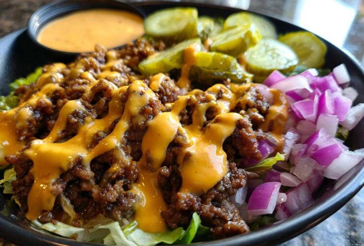 A close-up of a delicious cheeseburger bowl featuring seasoned ground beef, melted cheese sauce, diced red onion, and pickles.