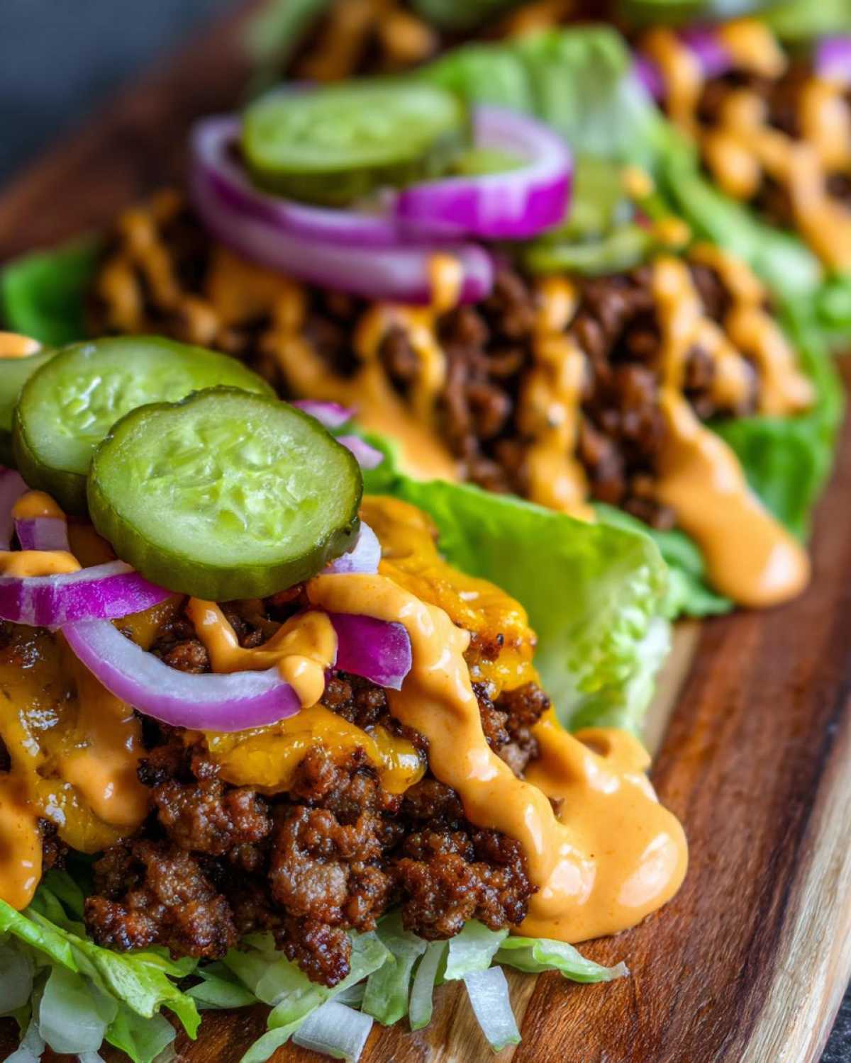 Close-up of a lettuce wrap filled with seasoned ground beef, melted cheese, special sauce, red onion, and pickles, resembling a cheeseburger bowl.