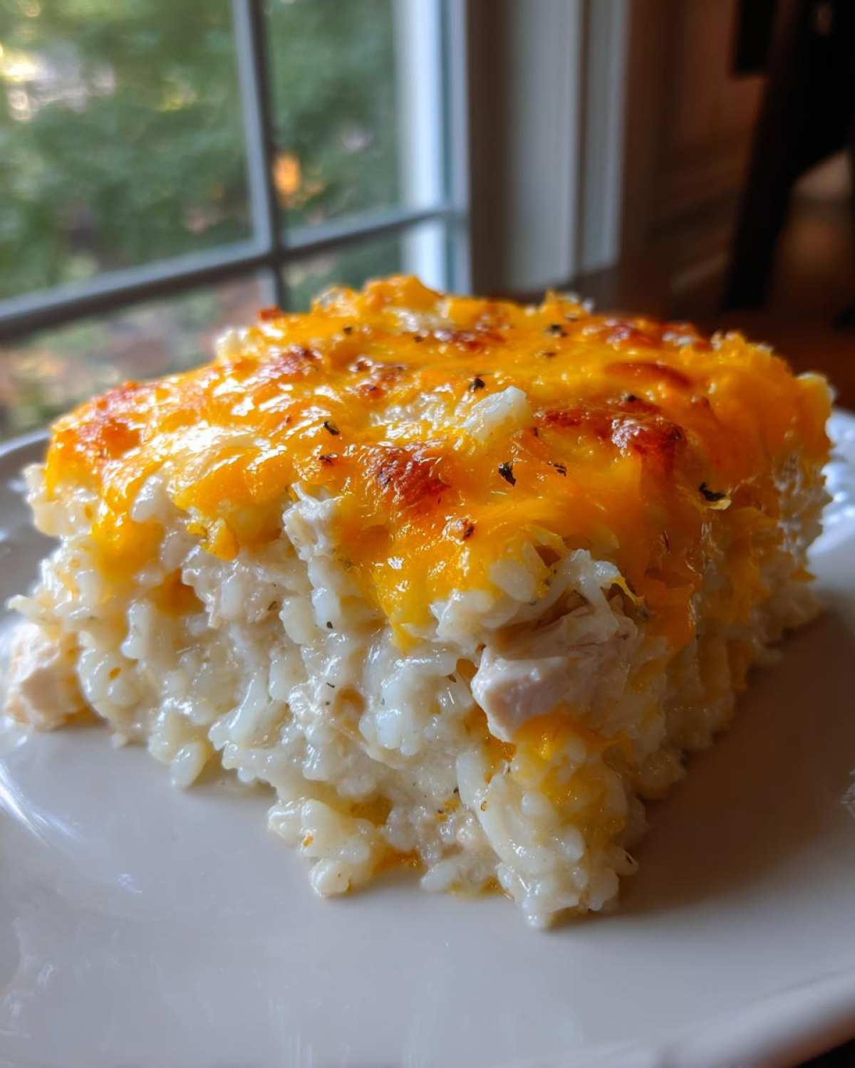 A close-up serving of cheesy chicken and rice casserole topped with melted, browned cheddar cheese.