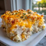 A close-up of a square serving of cheesy chicken and rice casserole topped with melted cheddar and parsley.