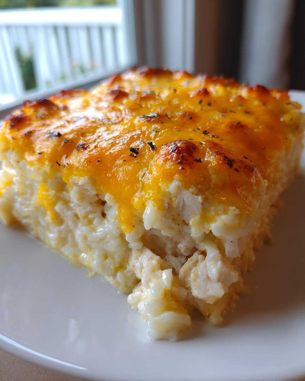 A square serving of cheesy chicken and rice casserole with a golden, baked cheddar topping.
