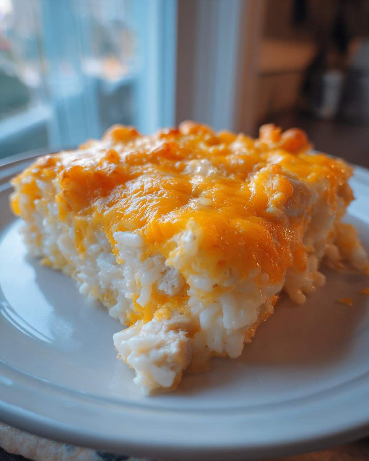 A close-up of a square serving of cheesy chicken and rice, topped with melted cheddar cheese.