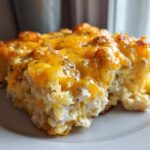 A close-up shot of a serving of cheesy chicken and rice casserole topped with melted cheddar cheese.